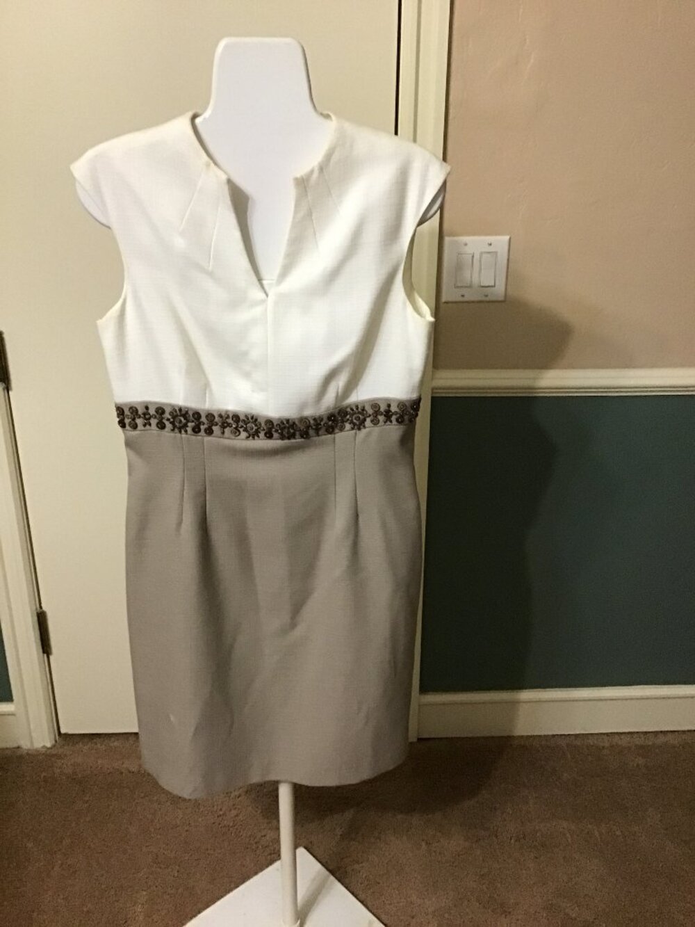 Tahari White and Tan Sleeveless Dress with Beading
